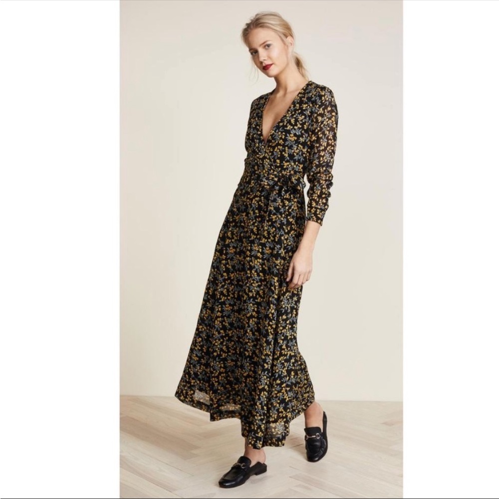 GANNI Marceau Georgette Maxi Wrap Dress Waist Tie Long Sleeves V Neck 36 US 4